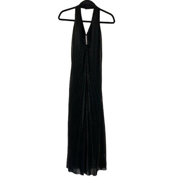 Thea Dora Halter Evening Gown, Black Shimmer Rhinestone Pleated Whimsigoth Sz 10 - Picture 10 of 15